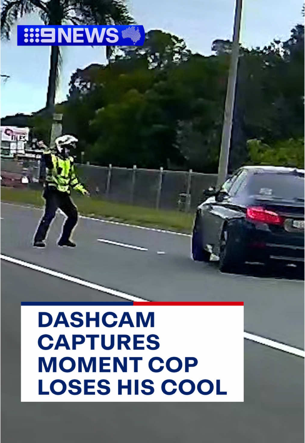 This is the shocking moment a Queensland police officer was busted losing his cool, captured throwing his speed radar at a disobedient driver on the Sunshine Coast today.  It's believed the officer was conducting speed checks in a school zone when he snapped at the driver who had failed to stop. Queensland Police are investigating. #9News