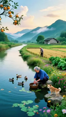 The blue shirt sank into the waves, the sound of washing clothes woke up the water lilies, the orange and yellow branches were about to fall, and when the wind swept through the fruits, all the sounds became the echoes of my hometown.  #village #villagevibes #fypviralシ #aivideo #newtrendingvideo 