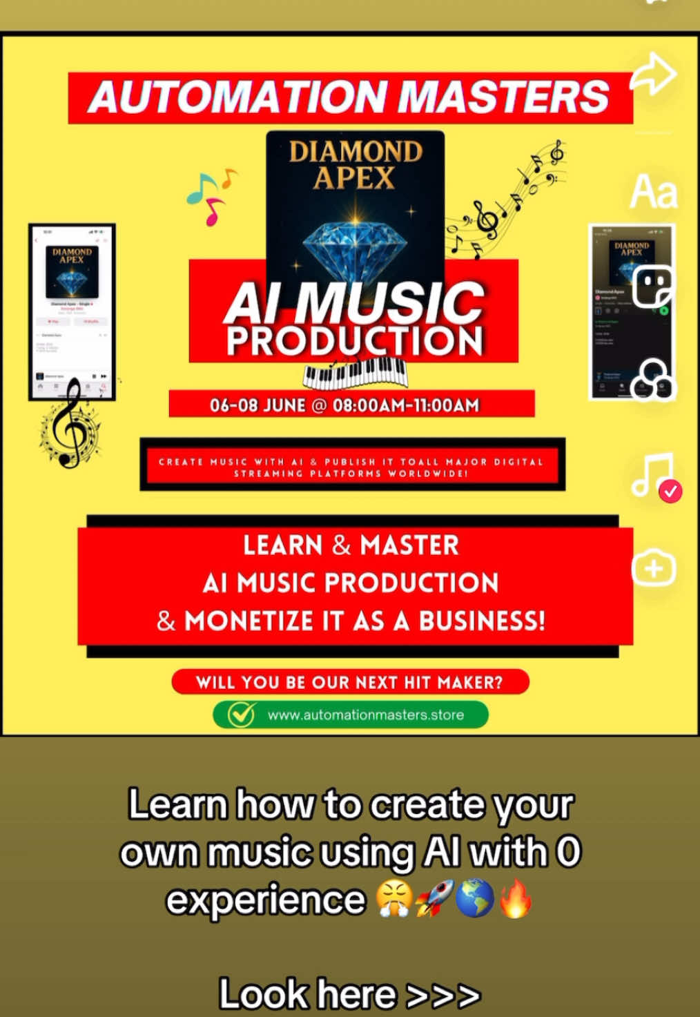 🚀 WHAT’S NEXT? We’re taking things up another level with the Diamond💎Apex Live Music BootCamp!📍 7 & 8 June 🎓 𝗛𝗲𝗿𝗲’𝘀 𝘄𝗵𝗮𝘁 𝘆𝗼𝘂’𝗹𝗹 𝗹𝗲𝗮𝗿𝗻:  🎛️ 𝗛𝗼𝘄 𝘁𝗼 𝗣𝗿𝗼𝗱𝘂𝗰𝗲 𝗬𝗼𝘂𝗿 𝗢𝘄𝗻 𝗠𝘂𝘀𝗶𝗰 𝘂𝘀𝗶𝗻𝗴 𝗔𝗜 + 𝗽𝗿𝗼 𝘁𝗼𝗼𝗹𝘀.  ✍🏽 𝗛𝗼𝘄 𝘁𝗼 𝗪𝗿𝗶𝘁𝗲 𝗦𝗼𝗻𝗴𝘀 𝗧𝗵𝗮𝘁 𝗦𝗲𝗹𝗹 + 𝗧𝗮𝗽 𝗶𝗻𝘁𝗼 𝗘𝗺𝗼𝘁𝗶𝗼𝗻 & 𝗘𝗻𝗲𝗿𝗴𝘆.  🌐 𝗛𝗼𝘄 𝘁𝗼 𝗣𝘂𝗯𝗹𝗶𝘀𝗵 & 𝗗𝗶𝘀𝘁𝗿𝗶𝗯𝘂𝘁𝗲 𝗬𝗼𝘂𝗿 𝗠𝘂𝘀𝗶𝗰 𝗚𝗹𝗼𝗯𝗮𝗹𝗹𝘆 𝘁𝗼 𝗗𝗦𝗣𝘀 (𝗷𝘂𝘀𝘁 𝗹𝗶𝗸𝗲 𝘄𝗲 𝗱𝗶𝗱 — 𝗶𝗻 𝘂𝗻𝗱𝗲𝗿 24 𝗵𝗼𝘂𝗿𝘀!)  🏷️ 𝗛𝗼𝘄 𝘁𝗼 𝗟𝗮𝘂𝗻𝗰𝗵 𝗬𝗼𝘂𝗿 𝗢𝘄𝗻 𝗠𝘂𝘀𝗶𝗰 𝗟𝗮𝗯𝗲𝗹 𝘂𝘀𝗶𝗻𝗴 𝗔𝗿𝘁𝗶𝗳𝗶𝗰𝗶𝗮𝗹 𝗜𝗻𝘁𝗲𝗹𝗹𝗶𝗴𝗲𝗻𝗰𝗲, 𝗲𝘃𝗲𝗻 𝘄𝗶𝘁𝗵 𝘇𝗲𝗿𝗼 𝗲𝘅𝗽𝗲𝗿𝗶𝗲𝗻𝗰𝗲. 💎 Already in the Diamond Apex Program? You’re covered — this BootCamp is 100% INCLUDED. No extra fee, just pure transformation. 🔥 ACTION TIME:  ✅ Stream “Diamond Apex” everywhere NOW ✅ Share it with your tribe ✅ Lock in your spot for the BootCamp on 7 & 8 June ✅ Get the Diamond Apex 💎 Apex Program and unlock the future of music & monetization. We’re not just making hits. We’re making history. 🏆Let’s light up the world — one powerful sound at a time🎧💥 🚨NB: We don’t just teach you bunch of theories at Automation Masters but we actively help you Build Real Online Businesses🤑🤑🤑 @automationmasters.store  #digitalmarketing #fyp #sama28❤🔥🔥 #howtomakemoneyonline #digitalmarketingforbeginners #foryoupage #southafrica 