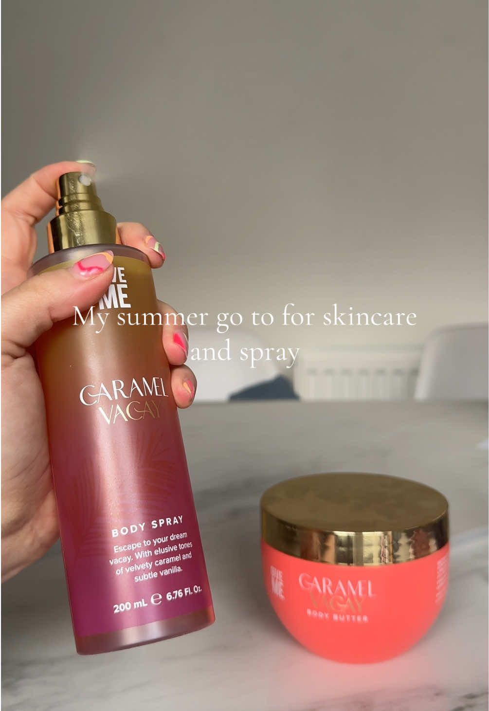 My new summer go to for skincare and spray from @Give Me Cosmetics 🌸 #givemecosmetics  #skincare #caramel #sweetscent  #summerskincare  #skincareroutine  #tiktokmademebuyit  #dealdrops