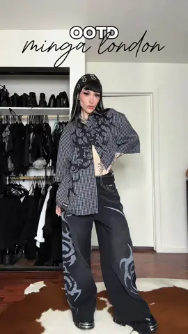 spring street vibes with @mingalondon 🖤🎀✨ wearing the headband, rave graphic baggy jeans, tattooed check shirt and nexus o ring choker