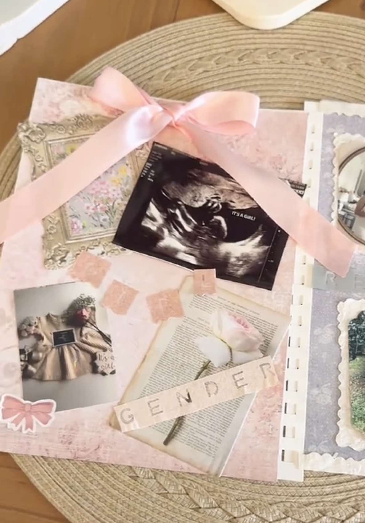 Page 3 of my baby scrapbook 🩵🌸 #scrapbooking #scrapbook #genderreveal #fyp #junkjournaling #scrapbookasmr #asmr #memories #vintage #babygirl #scraptok 