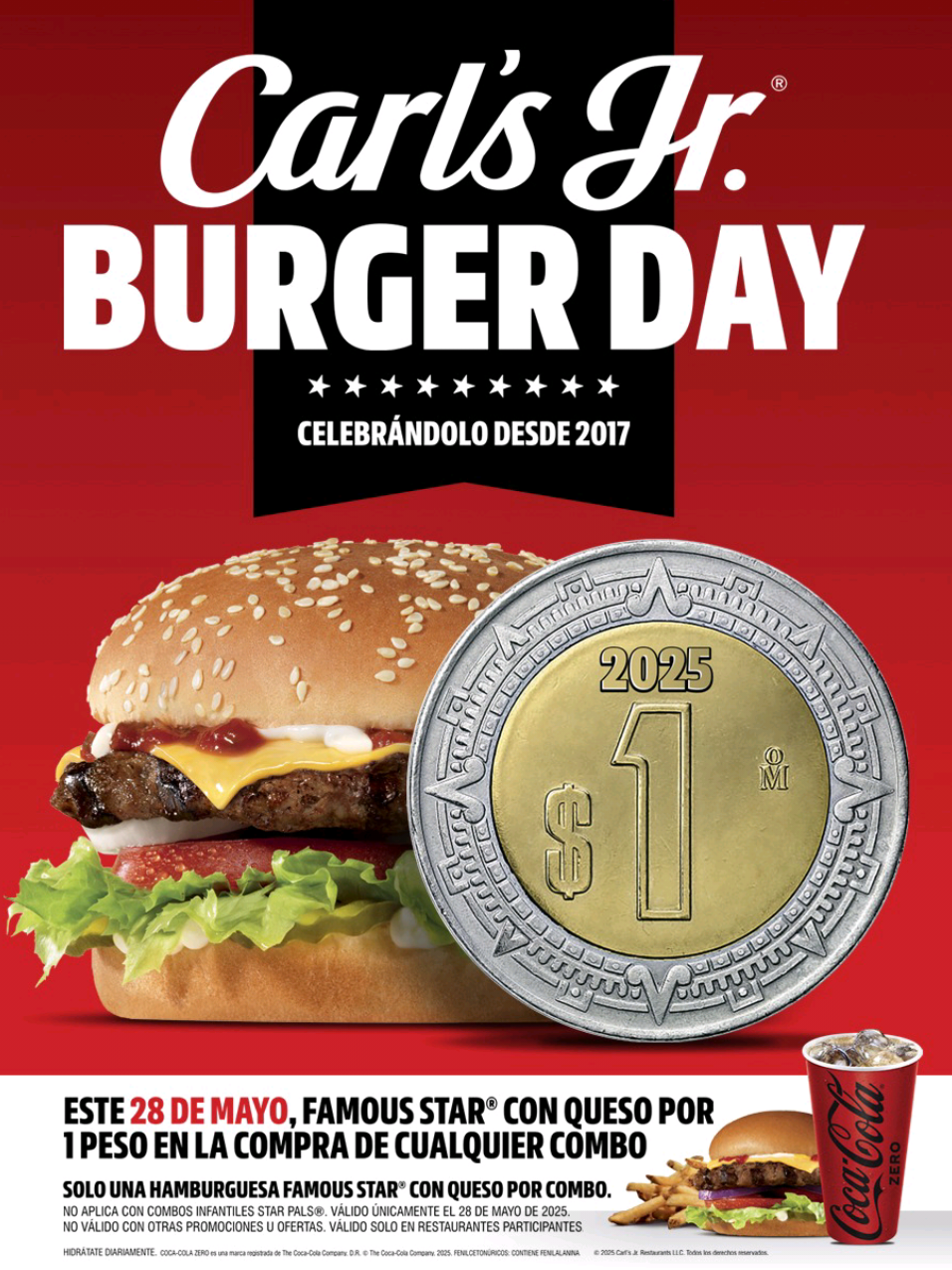 Burger Day 1 Peso: ¡Se acerca la fecha! Guarda ese pesito que te encontraste en el pantalón y ¡prepárate para el BURGER DAY! 😉🍔🍟 Válido únicamente en Carls jr 28 de mayo de 2025 #carlsjr  #burgerday #1peso #interplazashoptown #carlsjrmx 
