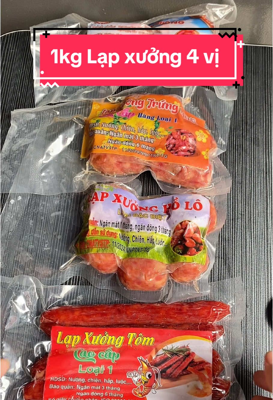 Combo 1kg 4 vị lạp xưởng Tôm, truyền thống, trúng muối , hồ lô #xuhuonganngon #food #lapxuong #lapxuongtom #lapxuongtruyenthong #lapxuongtrungmuoi #lapxuongholo #lapxuongnhuhuynh 