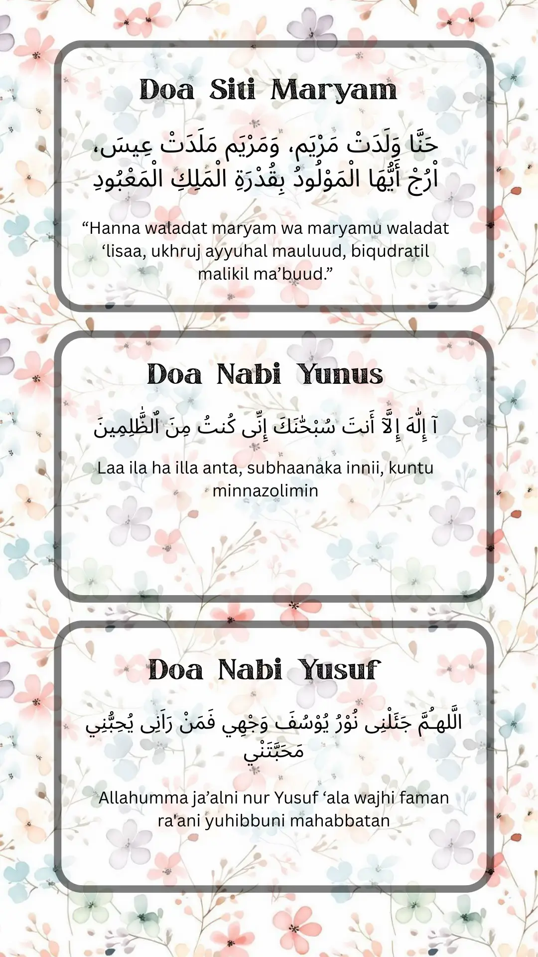 3 antara doa yang indah untuk ibu mengandung sebagai peneman hati dan penguat jiwa. Boleh jadikan wallpaper dan jadikan amalan kita bersama 🥰  Doa Siti Maryam, Nabi Yunus & Nabi Yusuf  semoga Allah permudahkan segala urusan ibu-ibu semua 🕊️