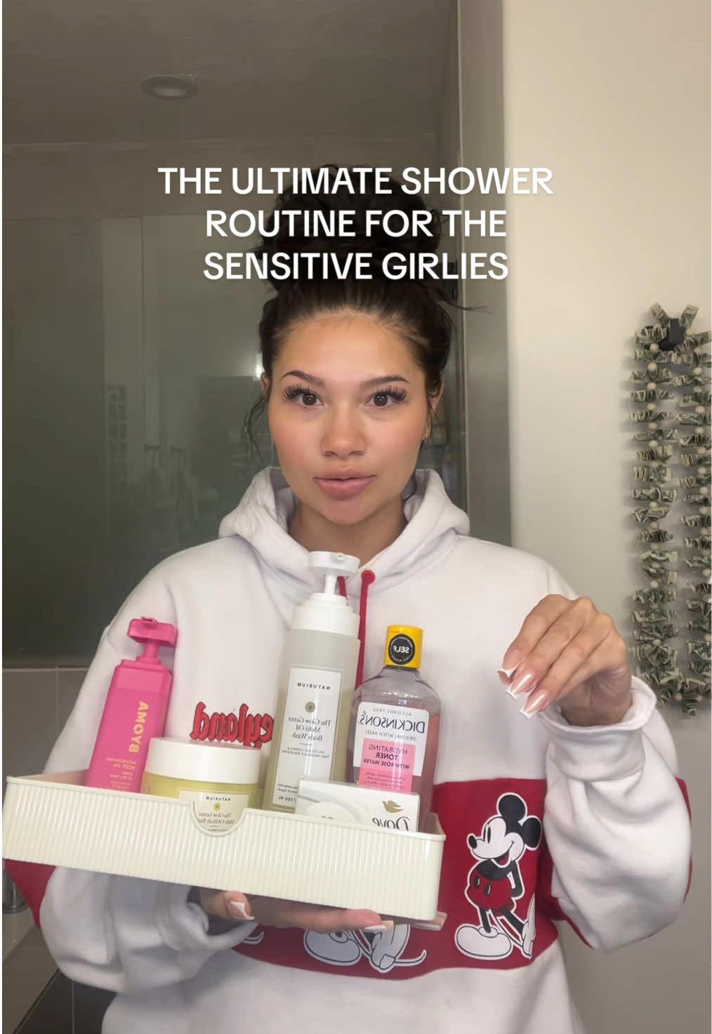 your skin but bettttter , never doing too much!! @Dove Beauty & Personal Care sensitive bar soap @Naturium glow getter multi oil body wash & body butter @Dickinson's Witch Hazel alcohol free @byoma nourishing body oil #hygiene #showerroutine  