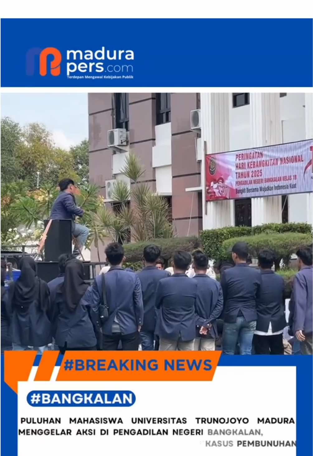 Puluhan mahasiswa Universitas Trunojoyo Madura menggelar aksi di Pengadilan Negeri Bangkalan, Rabu (21/5/2025), menuntut keadilan atas kasus pembunuhan Een. Mereka mengecam lambannya proses hukum dan menduga adanya upaya pengaburan fakta. Mahasiswa menegaskan: hukum tak boleh tunduk pada kekuasaan. #fyp #bangkalan #madura #mahasiswautm #kawalkasuseen #pengadilannegeribangkalan #beritatiktok #beritaviral #maduraviral #suramadu #tiktoknews 