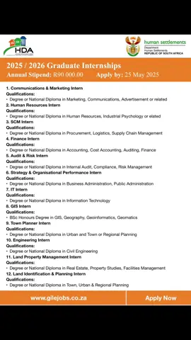 Housing Development Agency (HDA)’s Graduate Internship Opportunities for 2025 / 2026 are for graduates with a National Diploma / Degree in;- 🎓 Marketing 🎓 Communications 🎓 Advertisement 🎓 Human Resources 🎓 Industrial Psychology 🎓 Procurement 🎓 Logistics 🎓 Supply Chain Management 🎓 Accounting 🎓 Cost Accounting 🎓 Auditing 🎓 Finance 🎓 Internal Audit 🎓 Compliance 🎓 Risk Management 🎓 Business Administration 🎓 Public Administration 🎓 Information Technology 🎓 GIS 🎓 Geography 🎓 Geoinformatics 🎓 Geomatics 🎓 Urban and Town or Regional Planning 🎓 Civil Engineering 🎓 Real Estate 🎓 Property Studies, 🎓 Facilities Management 🎓 Town, Urban & Regional Planning 🎓 Or related Don’t miss out! The application deadline is 25th of May 2025. For more details and to apply, visit: https://www.gilejobs.co.za/internship/housing-development-agency-hda-graduate-internships-2025-2026/ Stay connected with us on social media: 📲 WhatsApp Channel: https://whatsapp.com/channel/0029VaHfUb93gvWUTYVvWk1M 📲 Facebook Channel: https://www.messenger.com/channel/YouthOfTsomo1 📲 Telegram Channel: https://t.me/GILEJoBs 📲 WhatsApp groups: https://www.gilejobs.co.za/uncategorised/whatsapp-groups-for-employment-and-bursary-opportunities/ (please be in one group) #Jobs #VacanciesWithGILEJoBs #VacanciesWithSTUFNews #JobSeekersSA #HousingDevelopmentAgency #HDA