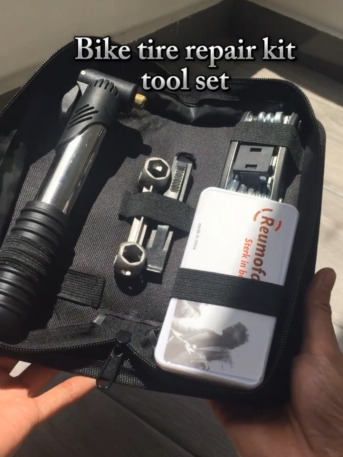Bike tire repair kit tool set #siklistangtiktoker #bikeframebag #framebag #framebagwithtools #fixiegear #allinoneframebag #patchkitbike #minipumpbike #toolset 