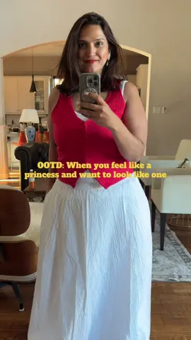 Whole outfit? Target. Whole vibe? Main character.  OOTD check: 40+ midsize This long white skirt is likely going to be my staple for the summer because it’s giving summer glow and princess core and I'm not mad about it. #OOTD #midsizeootd #midsizefashion #over40fashion  #TargetStyle #summerlooks  #whiteskirt #longwhiteskirt  #redvest @target 
