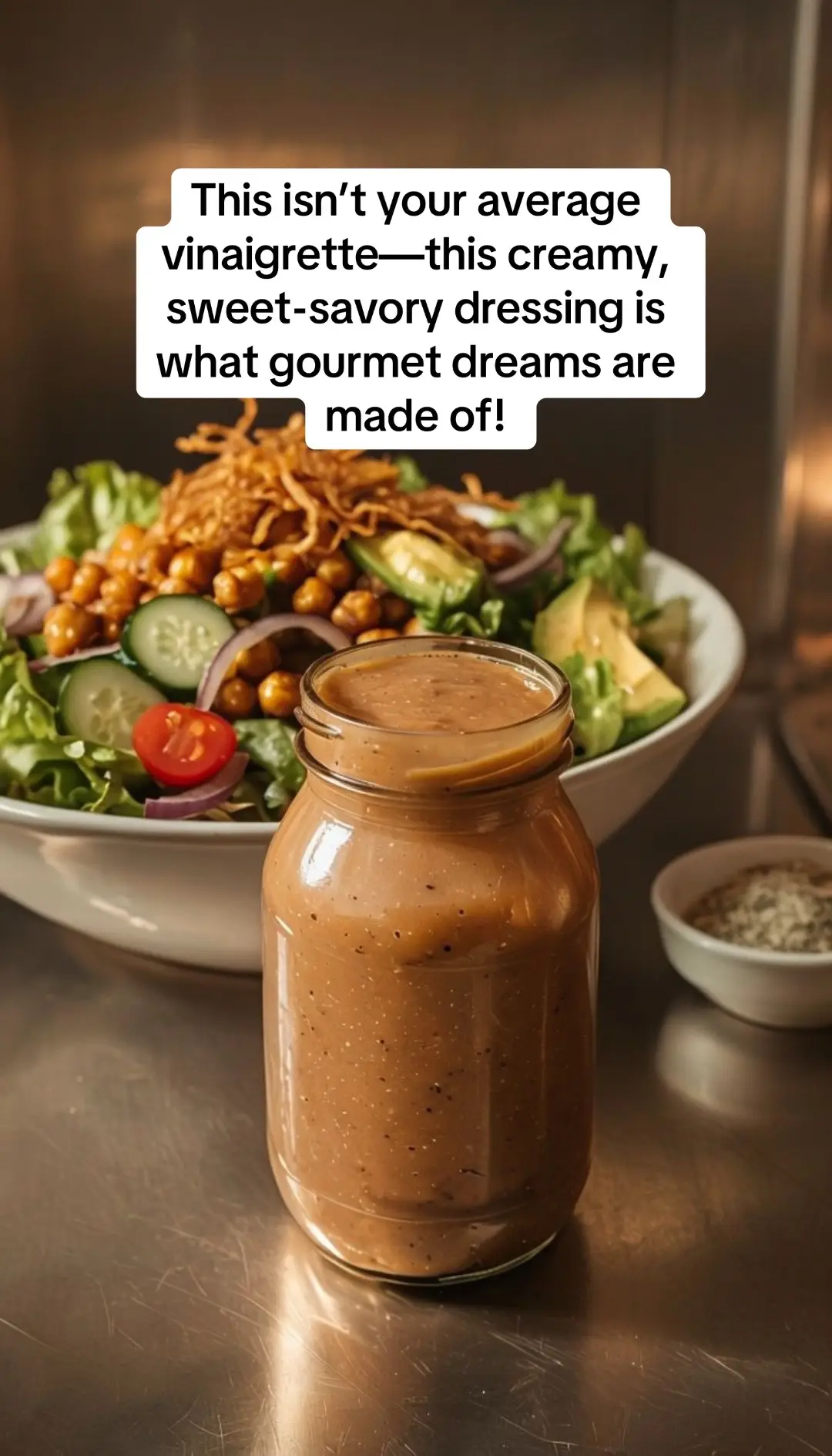 Discover the secret to flavor-packed salads with this silky, caramelized onion vinaigrette made with roasted celery salt, tangy mustard, and natural sweetness. Perfect on bowls, grains, and greens—this is the homemade dressing you’ll keep coming back to. ⸻ 🥗Try this flavor bomb of a dressing and tag us in your salad creations! Save this recipe and share it with someone who needs to upgrade their salad game. Caramelized Onion Dijon Vinaigrette Yields ~2 cups | Vegan + Refined Sugar-Free Ingredients: 	•	¼ cup apple cider vinegar 	•	½ cup maple syrup  	•	1 medium sweet onion, sliced and caramelized until golden and soft 	•	2 teaspoons celery salt (recipe below) 	•	2 tablespoons Dijon mustard 	•	¼ teaspoon freshly ground black pepper 	•	1 cup olive oil ⸻ Instructions: 	1.	Caramelize the Onion In a skillet over medium-low heat, add a splash of oil and your thinly sliced onion. Cook slowly, stirring occasionally, until deeply golden and sweet — about 20–25 minutes. Set aside to cool slightly. 	2.	Blend the Dressing In a blender, combine: 	•	Apple cider vinegar 	•	Maple Syrup 	•	Caramelized onion 	•	Celery salt 	•	Dijon mustard 	•	Black pepper Blend until smooth and creamy. 	3.	Emulsify with Oil With the blender running on low speed, slowly stream in the neutral oil until the dressing becomes thick and emulsified. 	4.	Store & Serve Pour into a glass jar or bottle. Refrigerate up to 2 weeks. Shake before using. ⸻ Pairing Suggestion: This dressing will shine on your crispy onion salad or drizzled over: 	•	Roasted veggie grain bowls 	•	Grilled tofu or tempeh 	•	Warm lentil salads 	•	Shredded kale and apple slaw Quick Celery Salt Upgrade (what I did): 	1.	Dry roast celery seeds in a skillet over medium heat until fragrant (1–2 minutes). 	2.	Cool, then blend or grind with coarse kosher salt (roughly 2 parts salt : 1 part seeds or to taste). 	3.	Store in an airtight jar — it lasts for months and works beautifully in dressings, soups, or even sprinkled on avocado toast or roasted veg.   #Vegan#VeganDressingm#CaramelizedOnionMagicm#HomemadeVinaigretten#VeganRecipest#PlantBasedSauces#DressingGoalsd#SaladLoversn#VeganGourmete#WholeFoodPlantBasedn#VeganMealIdeasyFreeDressing