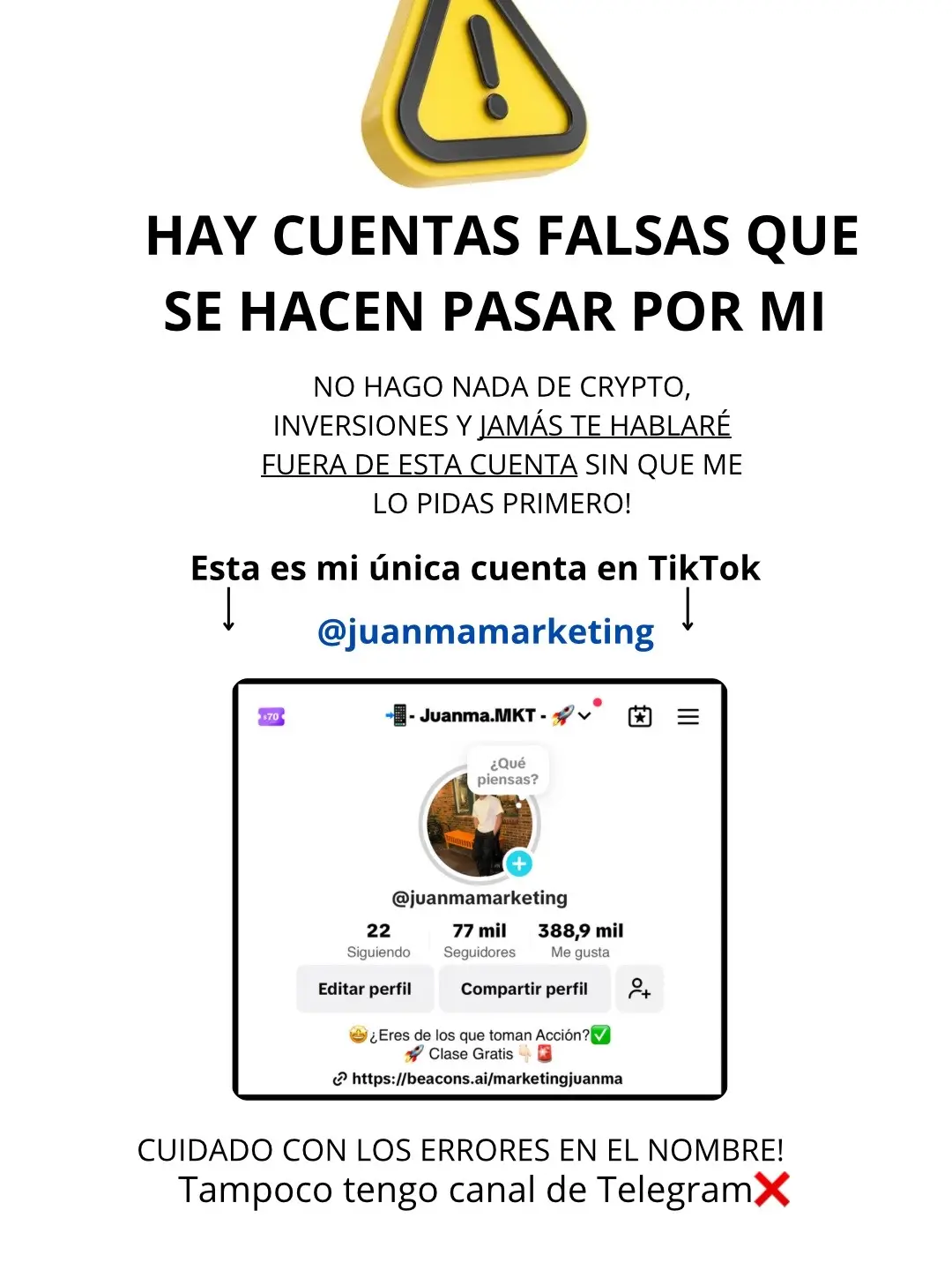 Mi gente Mucho cuidado🚨 Mi única cuenta de Tiktok es @juanmamarketing que tiene un poco más de 77 Mil seguidores Lo que yo hago es marketing de afiliados y ventas de productos digitales 📲 Gracias por ser parte de mi comunidad!❤️ No tengo otras cuentas de respaldo y jamás te hablaré fuera de esta cuenta! 🚨PD: Tampoco tengo telegram