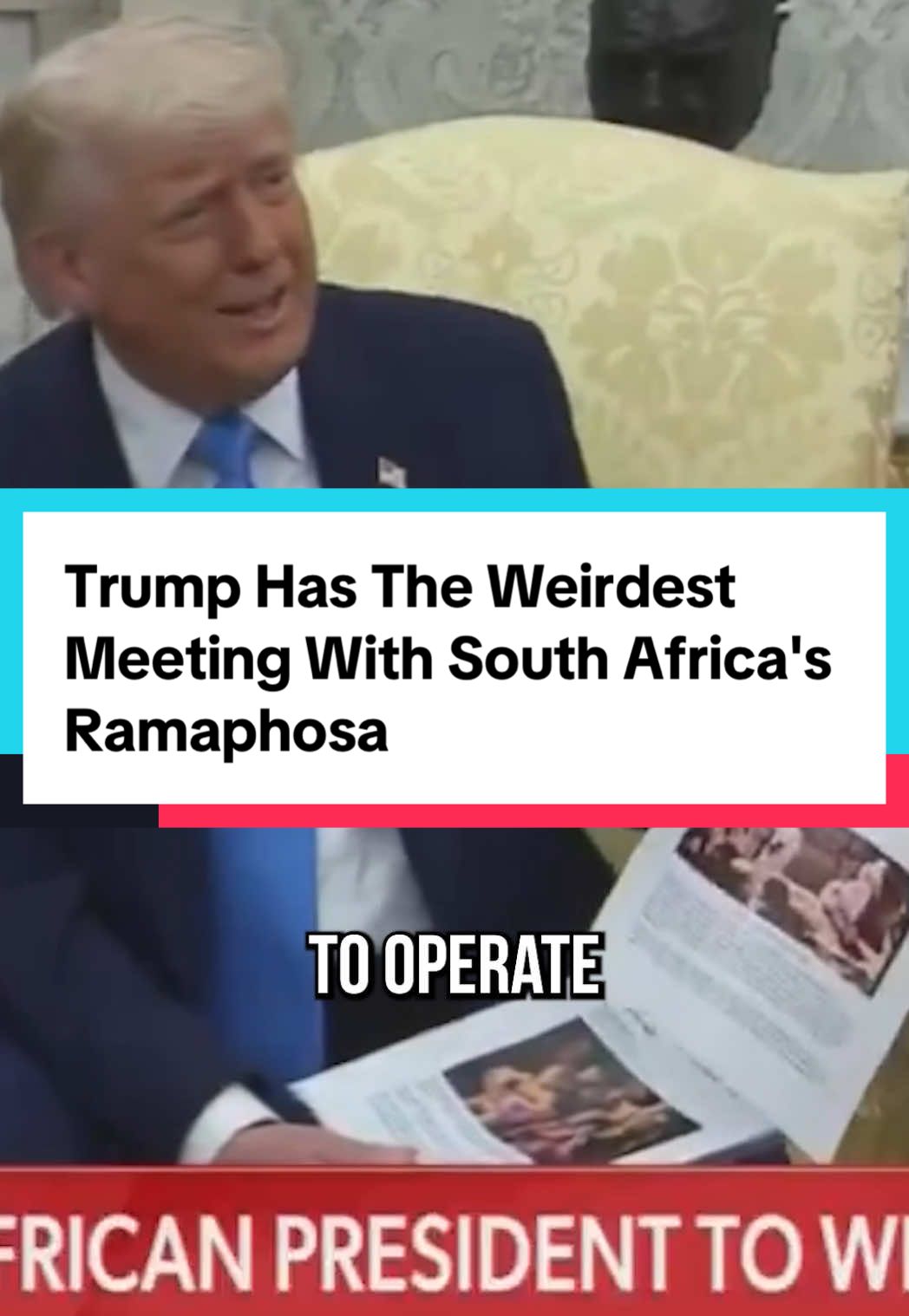 Trump Has The Weirdest Meeting With South Africa's Ramaphosa #usa #southafrica  Trump had the weirdest meeting in the Oval Office today, this might top the attack on Zelensky. So he’s hosting the President of South Africa and at first it was fine, they were joking, Trump was like “he called me and I said how did you get this number”. And then a reporter asked why Trump decided to admit white South Africans as refugees but not people who are actually in need and then it spiraled out of control. Trump then falsely claimed that there was a genocide against White people in South Africa, which then creates this back and forth where the President of South Africa is trying to explain to Trump why he’s wrong and Trump is just being Trump. At one point, the President points out that the golfers he brought with him and a portion of his cabinet that are there with him are white and he said “if there was a genocide, they would not be here”. He tells Trump to listen to the voices of South Africans but Trump then has the lights turned out and they play clips on a TV of what Trump claims proves that there’s a genocide. And then he pulled out a big stack of printed out articles, so the South African President then kicks it over to the White Secretary of Agriculture to explain that a genocide isn’t happening. Trump then threatened to “involve Elon” because Elon is from there. In the past, Elon has said that Starlink wasn’t allowed to operate in South Africa because he wasn’t Black… Well, in this meeting the South African government was talking about how they need it and haven’t been able to get it. And then a reporter asked Trump about the plane Qatar has bribed him with and Trump goes ballistic over it, so then the South African President says: “I’m Sorry I don't have a plane to give you.”
