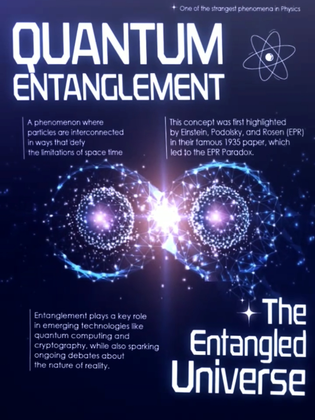 Quantum Entanglement? | Quantum entanglement adalah fenomena di mana dua partikel bisa saling terhubung secara kuantum, bahkan jika mereka dipisahkan oleh jarak ribuan kilometer. Kalau kita mengubah keadaan partikel yang satu, partikel pasangannya langsung ikut berubah seketika, tanpa sinyal atau jeda waktu. Ini bikin ilmuwan bingung, karena kelihatannya mereka 'berkomunikasi' lebih cepat dari cahaya, padahal menurut teori relativitas itu mustahil. Einstein sampai nyebut ini 'spooky action at a distance'. Fenomena ini ngerusak logika klasik, dan nunjukin bahwa realita di level kuantum jauh lebih aneh dari yang kita kira. Alam semesta? Gak sesimpel ruang dan waktu doang. cmiiw. #QuantumEntanglement #PhysicsElite #MindBendingScience #SpookyAction #EinsteinVibes #QuantumTheory #TimeAndSpace #IlmuBerat #FilsufModern #DeepScience #ScienceTok #Relativitas #SmartContent #FaktaSains #tiktokeducation #jjedukasi #fyp #DarkAcademiaVibes #EliteKnowledge 
