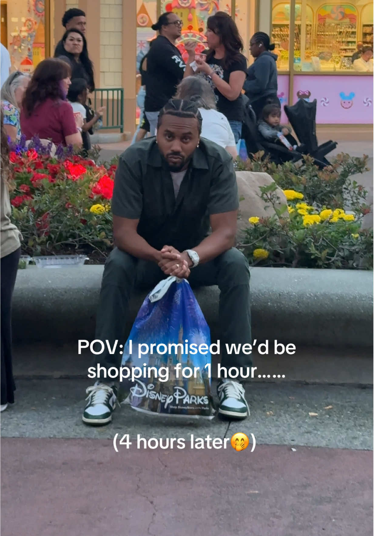 Anybody else get the death stares while they shop for too long?? 😂Sorry bebe 😭  @iammalikg  #downtowndisney #disney #disneygirl #marriagelife #husbandsoftiktok #disneyland #disneytiktok 