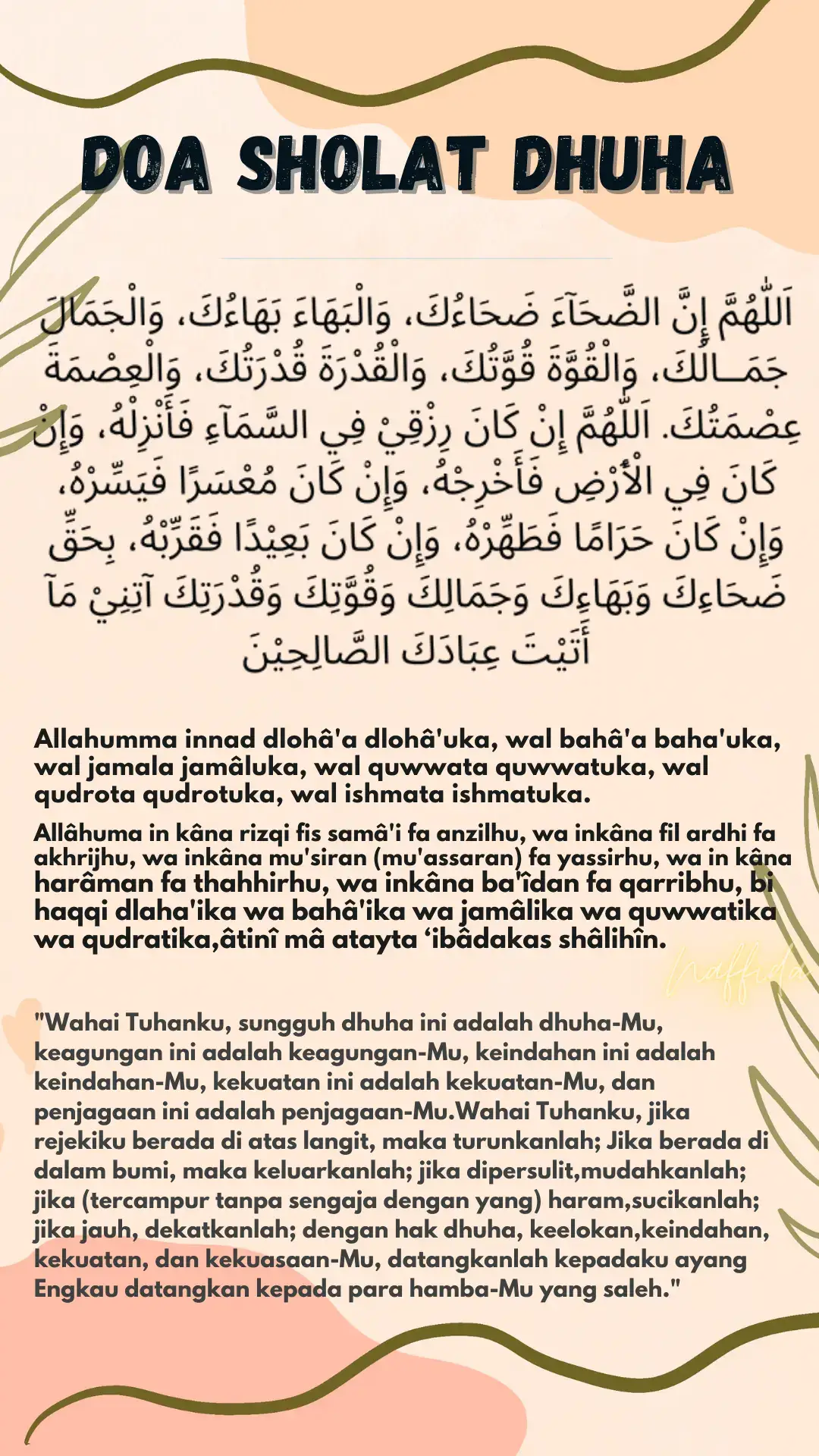 Sholat Dhuha adalah sholat sunnah yang dikerjakan pada waktu dhuha, yaitu setelah matahari terbit hingga sebelum waktu zuhur. Waktu terbaik untuk sholat Dhuha adalah sekitar pukul 9 pagi, namun bisa dikerjakan mulai pukul 7 pagi hingga menjelang zuhur. Sholat Dhuha bisa dikerjakan 2, 4, 6, 8, atau 12 rakaat, setiap 2 rakaat sekali salam.  Waktu Sholat Dhuha: Mulai: Setelah matahari terbit (sekitar pukul 7 pagi). Akhir: Sebelum waktu zuhur (sekitar pukul 11 pagi).  Jumlah Rakaat: Bisa dikerjakan 2 rakaat, 4 rakaat, 6 rakaat, 8 rakaat, atau 12 rakaat. Setiap 2 rakaat diselesaikan dengan salam.  Keutamaan Sholat Dhuha: Dianjurkan oleh Nabi Muhammad SAW. Digambarkan sebagai 