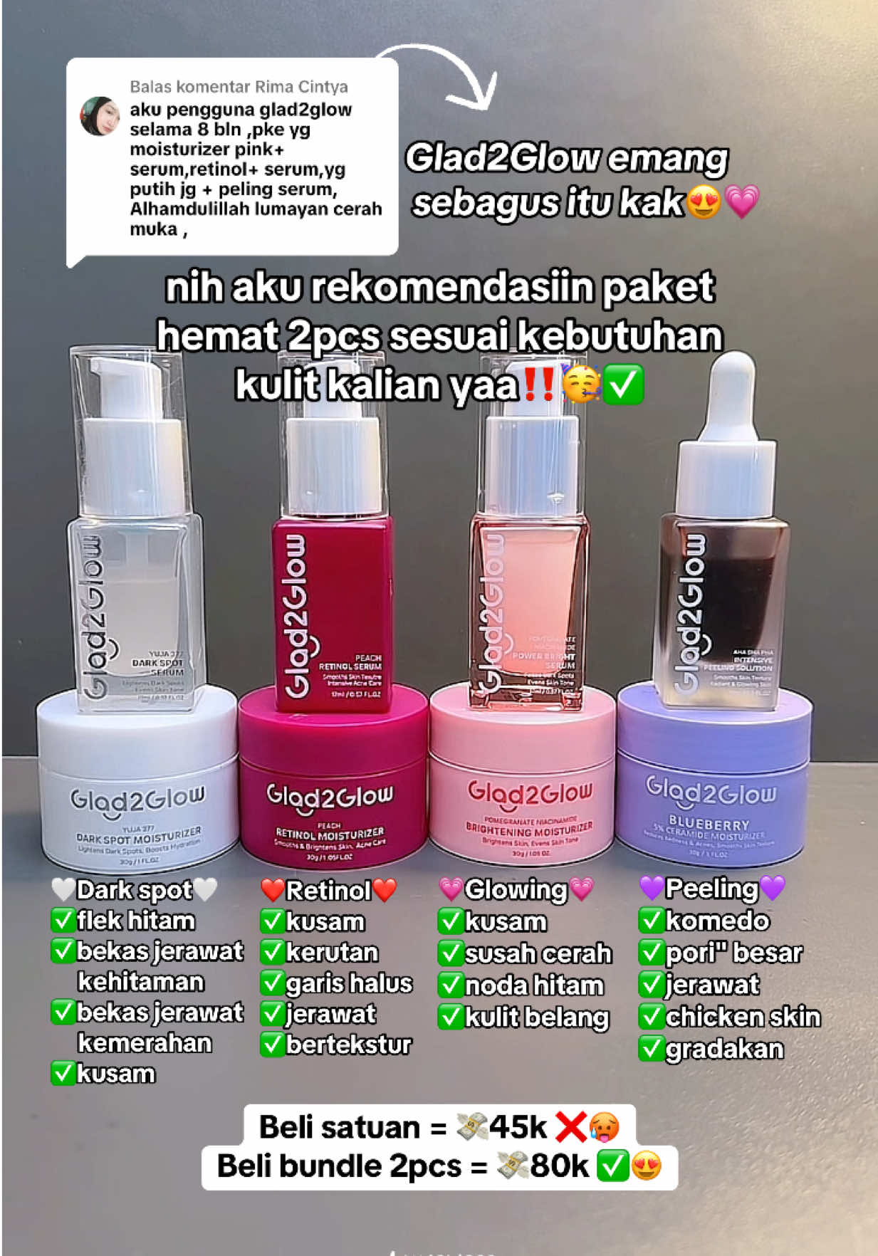 Membalas @Rima Cintya 2 combo mantul g2g sesuai jenis kulit kalean😍 #glad2glowmoisturizer #glad2glow #moisturizer #serum #peelingserum #retinol #eksfoliasi #skincare #skincaretips 