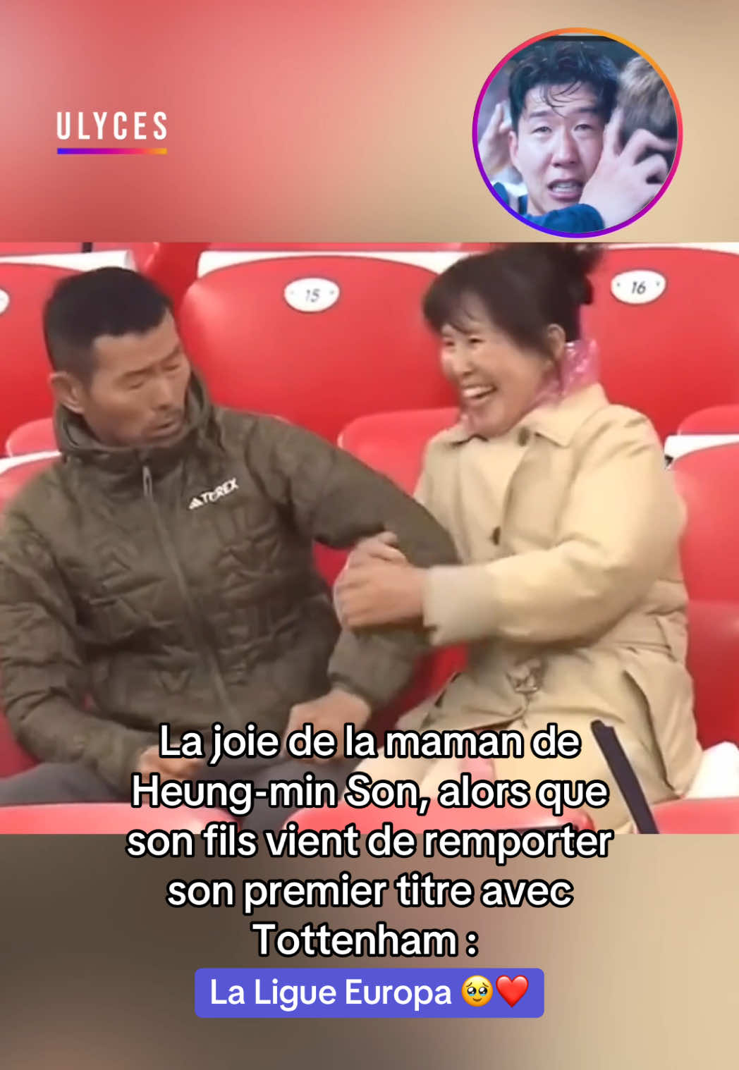 La joie de la maman de Heung-min Son, alors que son fils vient de remporter son premier titre avec Tottenham :  La Ligue Europa 🥹❤️ Crédit : @sonnymybeloved #football #heungminson #tottenham