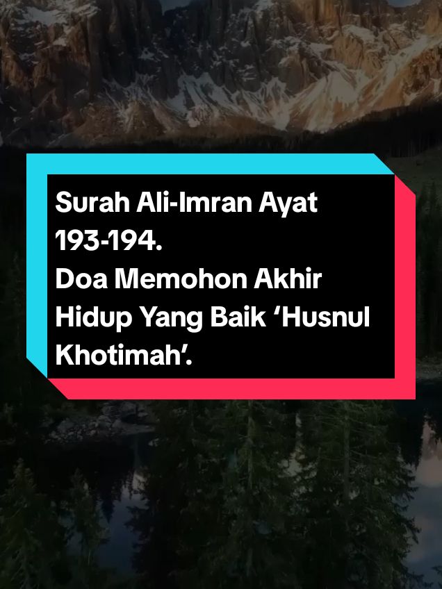 Surah Ali Imran ayat 193-194 memiliki tafsir sebagai permohonan atau doa agar diwafatkan dalam husnul khatimah. Doa ini baik diamalkan untuk umat Islam. Husnul khatimah atau akhir kehidupan yang baik adalah dambaan seorang muslim. Muslim yang menggapai husnul khatimah di akhir hayatnya merupakan tanda keridhaan Allah atas amal-amalnya selama hidup. Surat Ali Imran ayat 193-194 dapat dijadikan doa untuk menggapai husnul khatimah. Ayat tersebut mengandung makna peneguhan iman, doa ampunan, doa mohon perlindungan dari amal-amal tercela, dan doa agar diwafatkan dalam keadaan husnul khatimah. Doa husnul khatimah dalam surat Ali Imran dapat diamalkan setelah shalat, mengaji, saat qiyamul lail, dan sebagainya. Setiap yang bernyawa pasti akan mengalami kematian. Begitu pula dengan manusia, tiap manusia juga akan mengalami kematian. Kematian menjadi rahasia Allah, tidak ada satupun yang tau bila ajal manusia akan tiba Kematian boleh datang bila²  saja, maka dari itu manusia harus mempersiapkan diri dan berdoa agar diberikan akhir hidup yang baik ‘Husnul Khotimah.’ Setiap orang pasti menginginkan agar ia kelak husnul khotimah. Oleh karena itu harus diimbangi dengan usaha dan juga doa. Usahanya berupa memperbanyak amal sholeh, dan tidak lupa istiqomah berdoa. Ada doa yang boleh diamalkan untuk memohon agar diberikan akhir hidup yang baik yakni Husnul Khotimah. Doa tersebut terdapat dalam surat Ali Imran ayat 193-194. #bismillahirrahmanirrahim#fyp#tiktok#surahalimran#surah#foryou#alquran#foryoupage#belajaralquran#murottalquran#aliimran