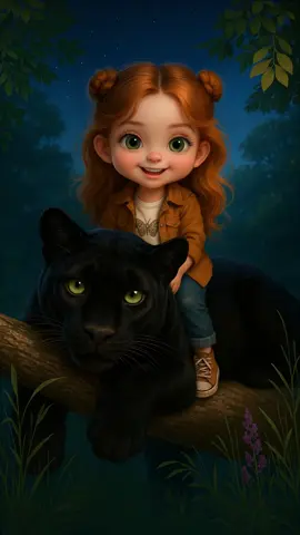 With fiery hair in buns so neat, A cute girl, oh what a treat! Upon a panther, sleek and black, No turning on this forest track. Green eyes they share, in moonlit haze, Through jungle nights and dreamy daze. #blackpanther #cutefriends #animatedwallpaper #animalfriendship #magicalforest #storybookart #unlikelyfriends