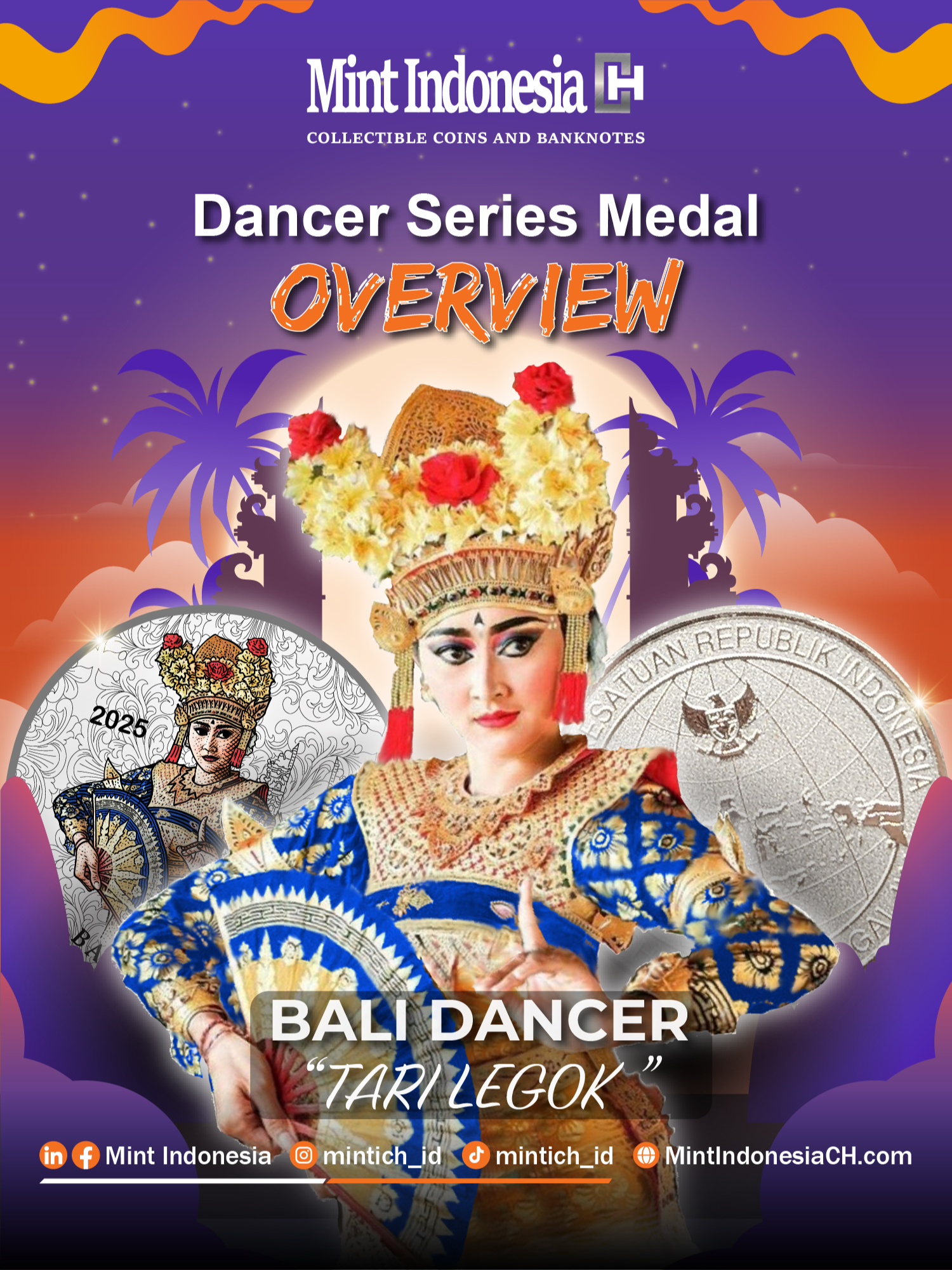 🔥Overview Medal Penari Bali (Tari Legong)🔥 Kreasi spesial dari Mint Indonesia yang menghadirkan tema kebudayaan Indonesia, berupa tari legong yang berasal dari Bali. Terbuat dari perak murni 0.999 dan diproduksi dengan jumlah terbatas hanya 88 pcs. Tari legong memiliki nilai sejarah yang tinggi karena menjadi warisan budaya Bali sejak lama. Mempunyai karakteristik Gerakan yang luwes dan lentur, mencerminkan keindahan, kesucian dan keharmonisan. Tunggu apa lagi? Ayo lengkapi koleksi medal mu Bersama Mint Indonesia! -- A special creation from Mint Indonesia featuring the theme of Indonesian culture, showcasing the Legong dance from Bali. Made from 0.999 fine silver and produced in a limited quantity of only 88 pieces The Legong dance holds significant historical value as it has long been a part of Bali's cultural heritage. Known for its graceful and flexible movements, it reflects beauty, purity, and harmony. What are you waiting for? Complete your medal collection with Mint Indonesia! #MintIndonesia #KoinMedalPenariBali #TariLegong #EdisiTerbatas #Numismatik #ExclusiveCollection