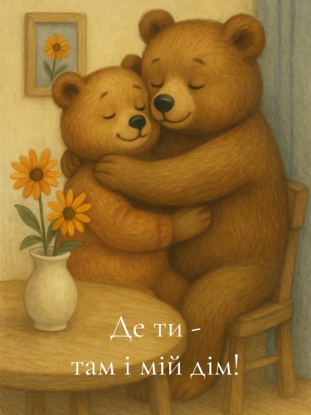 Caption: Sometimes home isn’t a place — it’s the arms that hold you.  🤎🐻🌼 #coziness #warmembrace #retroillustration #tenderness #nostalgia #soulfulmoment #quietpeace #lovewithoutwords #ussraesthetic #childhoodmemory