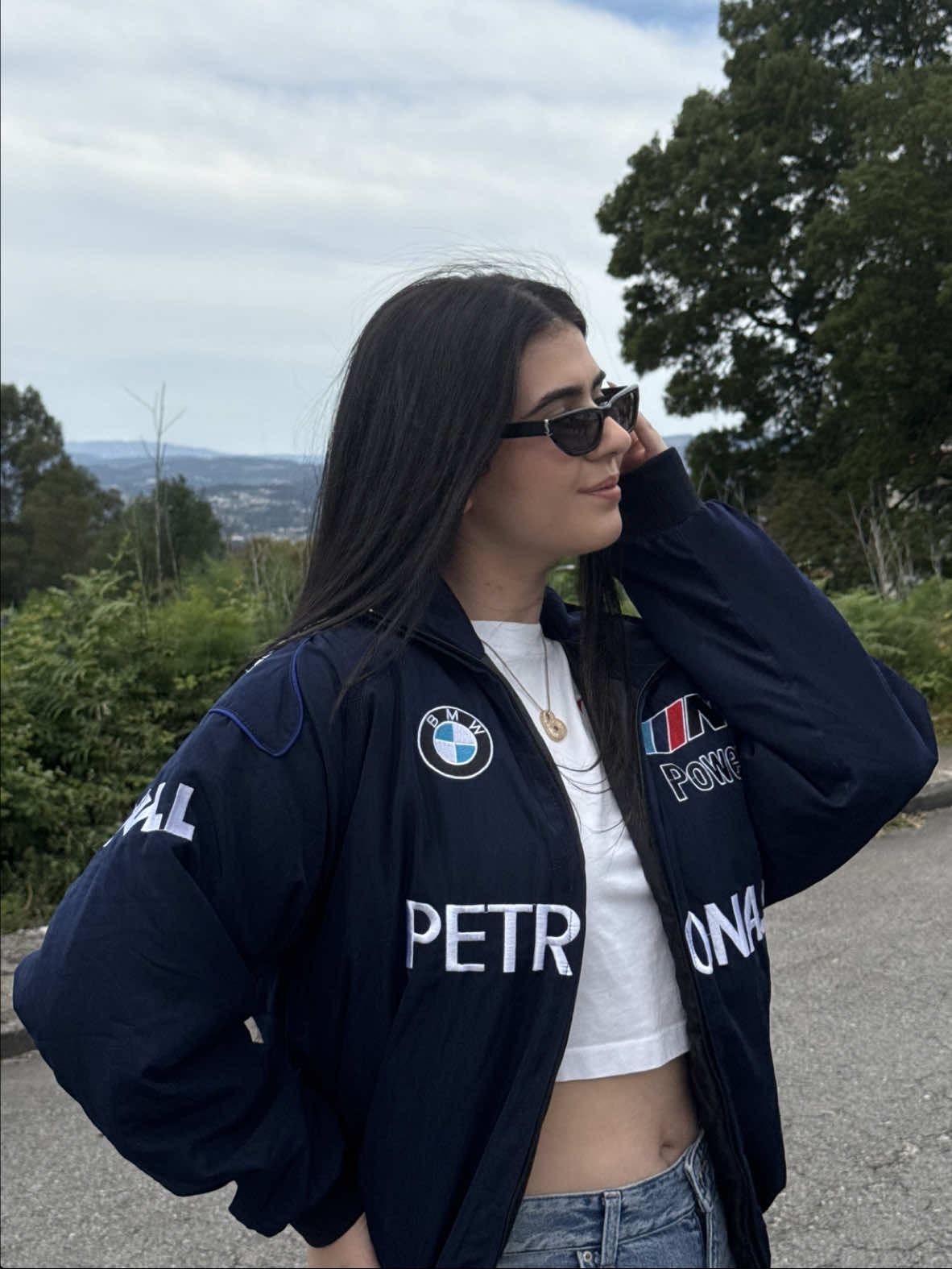 posing with my favorite new jacket from @Finishlinefever 💙 #vintagejacket #bmw #bmwlife #f1 #trend #OOTD #inspo #viral #fyp 