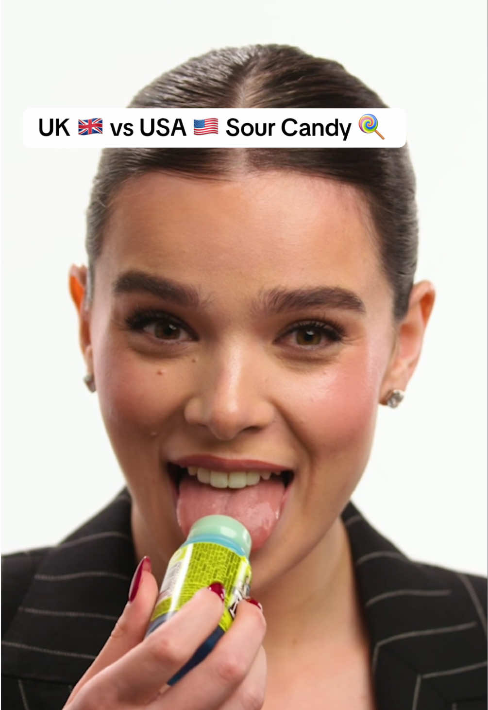 Haley Steinfeld Tries UK vs USA Sour Candy #fyp #FoodTok #foruyou #snack #usa_tiktok #foodreview #unitedkingdom 
