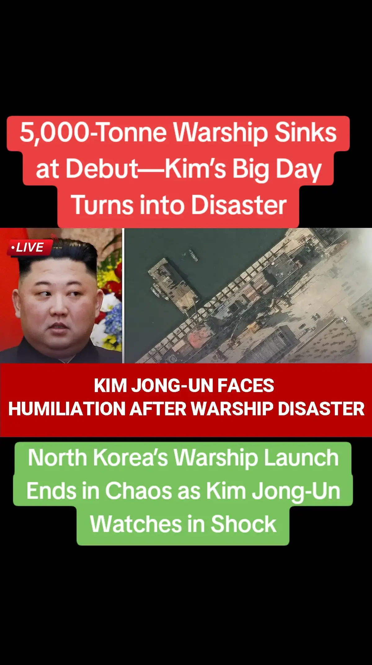 North Korea's attempt to unveil a new 5,000-tonne warship ended in failure when the vessel sank during its launch. Supreme Leader Kim Jong-Un, who was present at the event, witnessed the embarrassing incident firsthand, turning a high-profile ceremony into a major fiasco #KimJongUn #NorthKoreaFail #WarshipDisaster #MilitaryMishap #ViralNews2025 #ShipLaunchFail #BreakingNews #TikTokTrendingNews