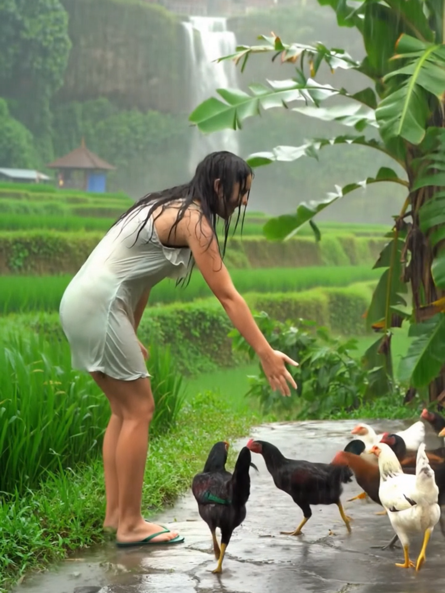 Main-main bersama ayam piaraan di tengah hujan deras pedesaan ##rain #beauty #viral #beautiful #hujan #hujanderas #waterfall 