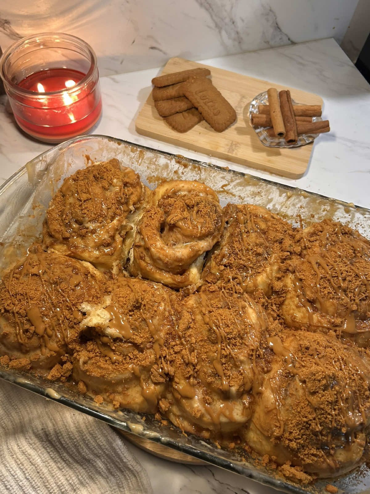 homemade biscoff cinnamon rolls🤎   easy recipe:   3/4 cup warm water(180g) 1/4 cup granulated sugar(50g) 1/4 cup melted butter(57g) 1 egg 1 egg yolk(room temp) 1/2 tsp salt(1.5g) 3 cups of flour(350g) 1 packet of yeast 1 tsp olive oil( to oil your bowl) -combine your water, sugar and yeast and let it sit for 5 minutes or until it begins to foam. then mix in your egg, butter and dry ingredients and knead until smooth & combined( it’s okay to add more flour if needed) let your dough sit for an hour covered in an oiled bowl.    filling: 2-3 tbsp biscoff butter 1/4 cup melted butter(60g) 1/2 cup brown sugar(100g) 1 tbsp cinnamon pinch of salt crushed biscoff cookies( i used like 4-5) -combine all of the ingredients and spread onto dough(except for the cookies) , after evenly spread place crushed cookies on top and roll & cut your dough) mascarpone frosting: 8 oz mascarpone cheese(225g)( cold ) 1/4 cup softened butter (60g) 2-3 tbsp biscoff butter 1-2 tbsp powdered sugar(add more or less depending on your preference!) pinch of salt  1 tbsp of milk ( for thinning)(optional)  1/2 tsp vanilla extract(2g) -combine your mascarpone & butter and mix until smooth, add in your biscoff & other ingredients and mix until combined(mine kind of separated  bc i warmed it up to help with mixing but it fixed itself after melting on the rolls) set aside( in the fridge or freezer) until it’s needed.    bottom layer(optional):  -i took whatever was left over from the filling and mixed with a bit of heavy cream!     (baking tip: let your rolls do a double rise after rolling(15 minutes), & pour heavy cream onto rolls before placing in oven to bake, if the rolls start to brown too fast place aluminum foil over them until they’re finished.)    bake at 350•F for 25-30 minutes    #biscoff #cinnamonroll #cinnamonrolls #Recipe #bakingrecipe #baking #fyp 