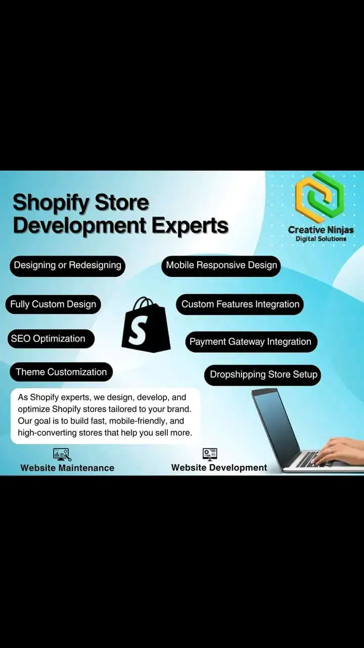 🚀 Transform Your Business with Expert Shopify Development 🚀 Unlock the full potential of your store with custom designs, seamless functionality, and powerful eCommerce solutions. At Creative Ninjas Digital Solutions, we specialize in creating high-converting Shopify stores that drive success. 🔹 Professional Store Design 🔹 Custom Themes & Branding 🔹 Speed Optimization & Mobile-Responsive 🔹 Expert Shopify Development Let’s take your Shopify store to the next level. 💻✨ 📲 For inquiries, contact us on WhatsApp: +16396972790 #ShopifyExpert #WebDevelopment #ShopifyDesign #eCommerceSolutions #CreativeNinjas #ShopifyStore #BusinessGrowth #DigitalTransformation #ShopifyDevelopment #CustomWebDesign #OnlineStoreSuccess