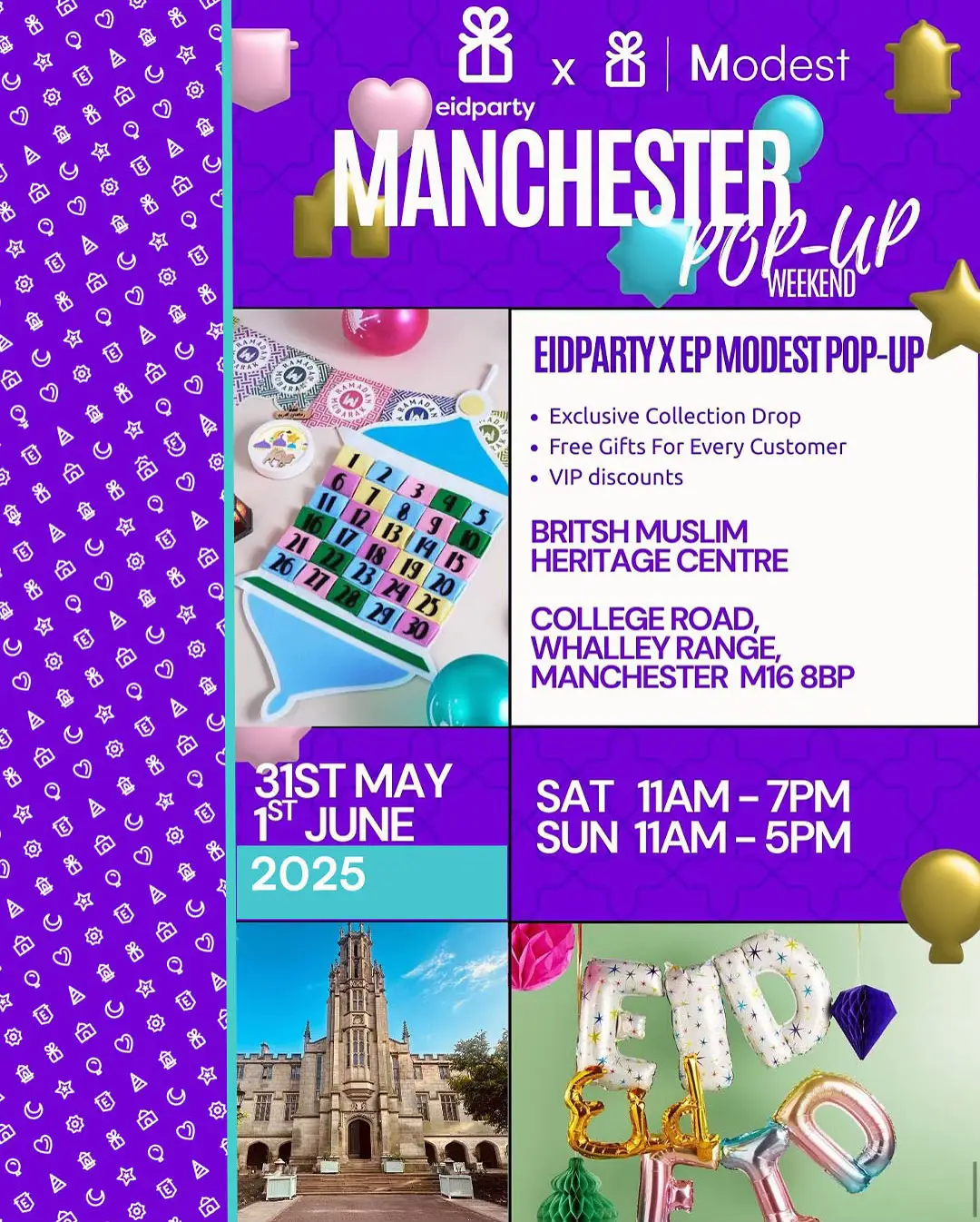 We’re coming to Manchester! Join us for the EP Modest x Eid Party Pop-Up Weekend at the British Muslim Heritage Centre. Be the first to shop our exclusive collection drop, enjoy VIP discounts, and receive free gifts with every purchase! 31st May – 1st June 2025 Sat: 11AM–7PM | Sun: 11AM–5PM College Rd, Whalley Range, M16 8BP Free entry – come through and bring your friends! #EPModest #EidParty #ManchesterPopUp #ModestFashion #ModernModesty