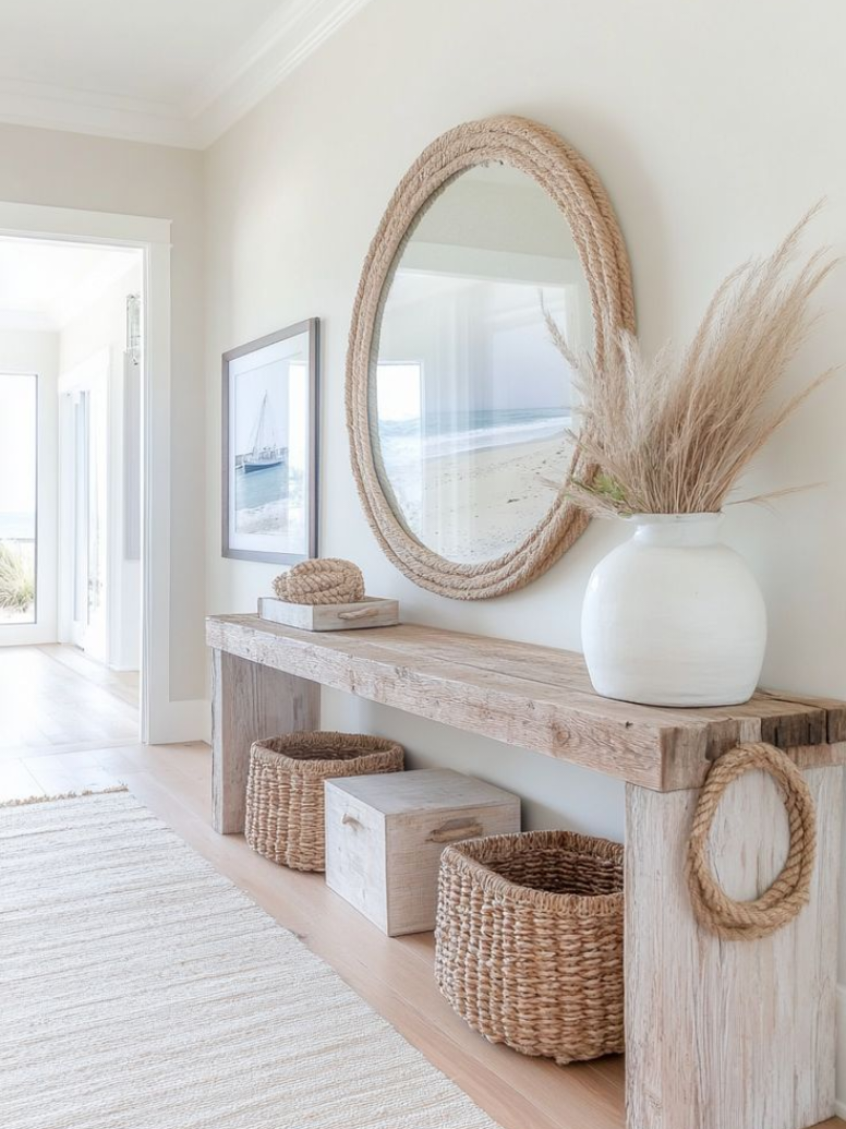 Calming 🌾🐚🌊 #interiordecor #homedecorideas #wooddecor #rustic #beachhouse #coastalvibes #beachhousedecor #whitedecor 