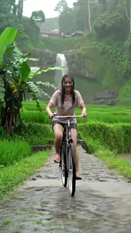 Asyiknya belajar naik sepeda sambil #hujan -hujanan #rain #beautiful #viral #waterfall #alamdesa #beauty #hujanderas