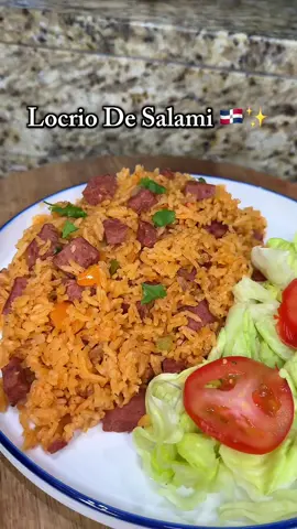 Locrio de Salami 🇩🇴✨  Un clásico que nunca falla 😋  My go to meal when I don’t feel like cooking and is one of my kids favorite, it will hit every time 🥰 Ingredients • Dominican salami (Salami dominicano) •	Rice (Arroz) •	Bell peppers (Ajíes) •	Onion (Cebolla) •	Cooking oil (Aceite) •	Sofrito •	Tomato paste (Pasta de tomate) •	Chicken bouillon cube (Cubito de pollo / Sopita) •	Green olives and capers (Aceitunas y alcaparras) •	Oregano (Orégano) •	Black pepper (Pimienta negra) •	Adobo seasoning (Adobo) •	Fresh cilantro (Cilantro fresco) I use jasmine rice : 2 cups of rice 2 1/2 cups of water 😌 #locriodesalami #locriodominicano #dominicantiktok #foodtiktok #foodporn #Foodie #comida #comidadominicana #RecetasDominicanas 