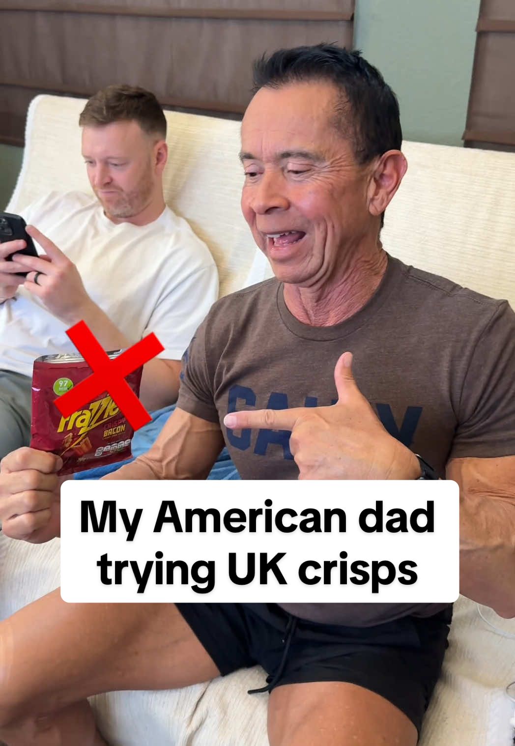 We are on a mission to have dad try every crisp in the UK!! 🤣   This is the first one he hasn’t liked!  #ukcrisps #frazzles #crispybacon #tayandalex #americandad 