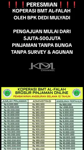 Pengajuan Awal Di KOPERASI BMT AL-FALAH Mulai Dari 5jt-500jt, Pengajuan Tanpa Bunga Tanpa Survey & Agunan, Proses Cepat Aman Dan Amanah #bankindonesia #pinjamanonline #koperasi #dedimulyadi #jabar #pemerintah 