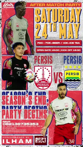 🎉 SOLO RAYA SIAP-SIAP! 🎉 🔥 NOBAR PERSIS vs PERSIB 📍 Lava Bar & Kitchen 📅 24 Mei 2025 🕒 Open gate: 15.00 | Kick off: 15.30 🎊 AFTER MATCH PARTY langsung setelah peluit panjang! 🎁 Tebak skor & menangkan Happy Soju! 📣 Ajak temen satu gengmu, datang dan ramaikan! 📌 Tag yang mau kamu ajak nobar di kolom komentar👇 #NobarSolo #SoloRayaEvent #PersisVsPersib #LavaBarAndKitchen #AfterMatchParty #TebakSkorMenangSoju #SoloKumpul #NobarSeru #SoloHariIni #soloevent2025 
