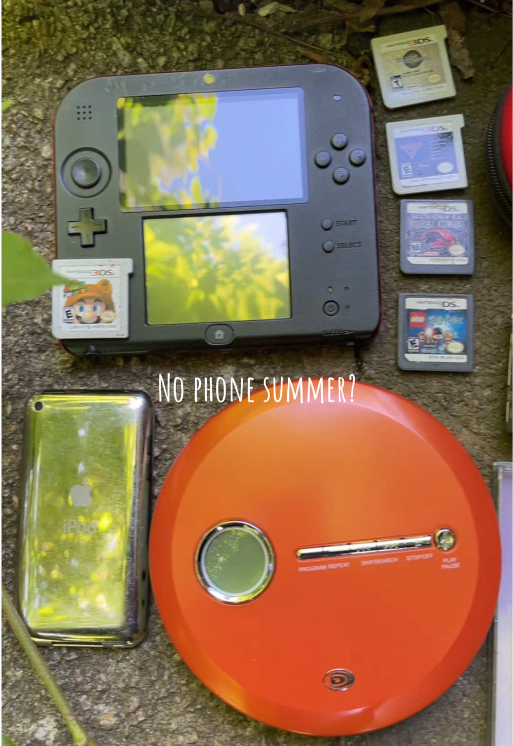 Honestly this is just an excuse to show off my stuff!!  My kitty wanted to come with me!!!! #aesthetic #fyp #ipod #cdplayer #nintendo2ds #nintendo #sony #cd #Summer #nophonesummer #school #essential 