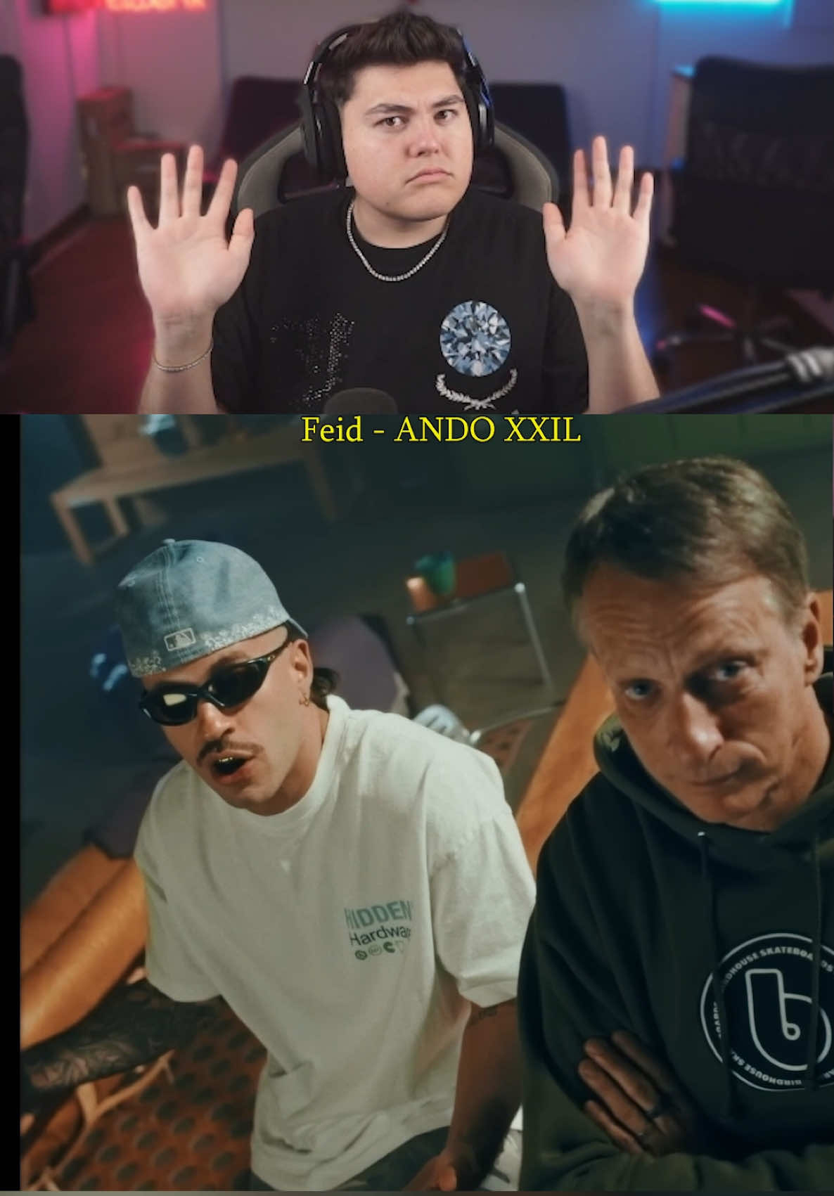 @Feid junto a @Tony Hawk en el video oficial de #andoxxil qué tal la sorpresa que nos tenía feid al tener a la leyenda del skate tony hawk en su video #elwerik #reaccion #musica #feid #ferxxo 