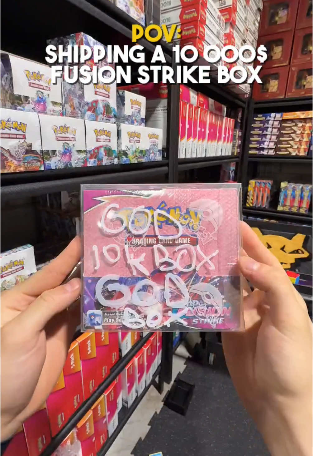 POV Shipping out a $10,000 Pokemon fusion strike box #fyp #pokemon #pokemoncards 