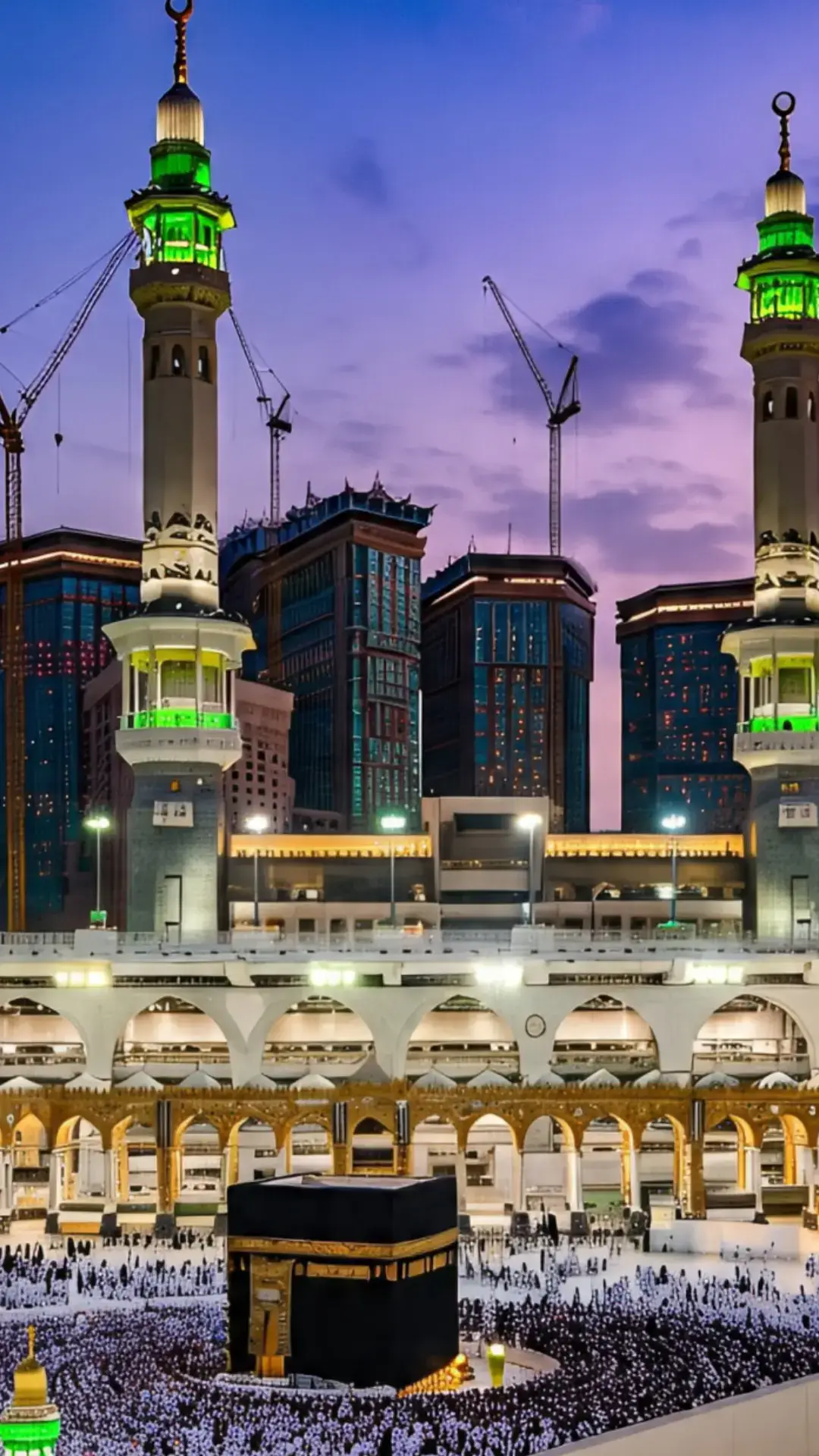 The image you shared is a stunning depiction of the Kaaba in Masjid al-Haram, Mecca, with worshippers walking around it during what appears to be either sunrise or sunset. The scene is framed with palm trees and flowers, adding a peaceful and spiritual vibe to the moment.