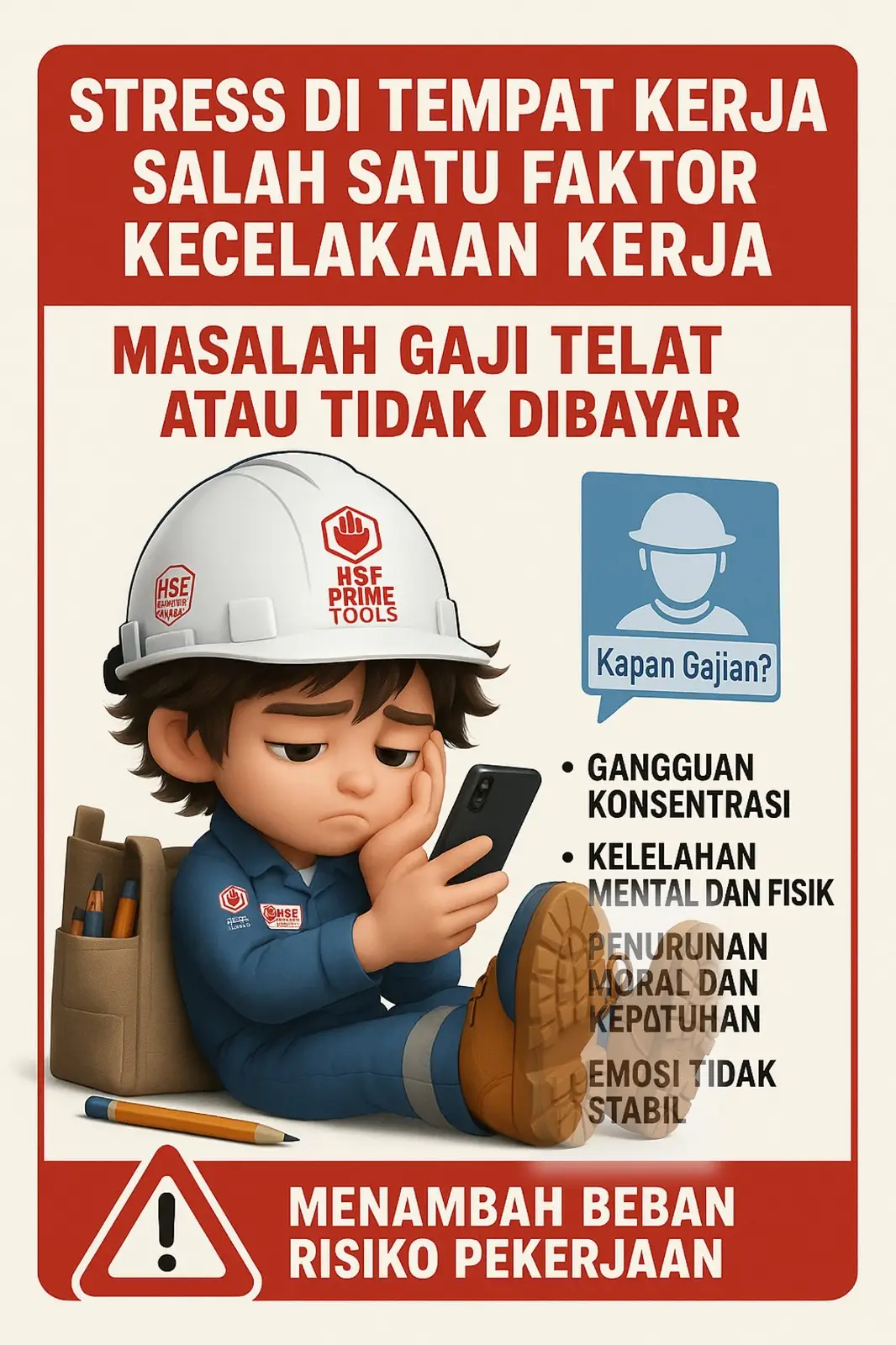 Stres di tempat kerja akibat gaji yang telat atau tidak dibayar dapat menjadi penyebab tidak langsung kecelakaan kerja. Dari sudut pandang psikologi kerja dan keselamatan, ada beberapa penjelasan logis mengapa hal ini bisa terjadi: 1. Gangguan Konsentrasi Ketika seseorang stres karena masalah gaji: Pikiran terpecah, terlalu fokus pada masalah pribadi dan keuangan. Hal ini menurunkan kemampuan untuk fokus pada tugas, terutama yang membutuhkan kewaspadaan tinggi seperti mengoperasikan mesin, bekerja di ketinggian, atau menangani bahan berbahaya. ⮕ Efeknya: Lebih rentan melakukan kesalahan kecil yang bisa berujung fatal. 2. Kelelahan Mental dan Fisik (Fatigue) Stres kronis akibat masalah keuangan bisa menyebabkan: Insomnia atau kualitas tidur buruk Penurunan energi dan motivasi kerja ⮕ Tubuh dan otak tidak dalam kondisi optimal untuk bekerja aman, sehingga respon lambat atau ceroboh. 3. Penurunan Moral dan Kepatuhan Prosedur Pekerja yang merasa tidak dihargai (misalnya karena gaji tidak dibayar): Cenderung memiliki sikap 