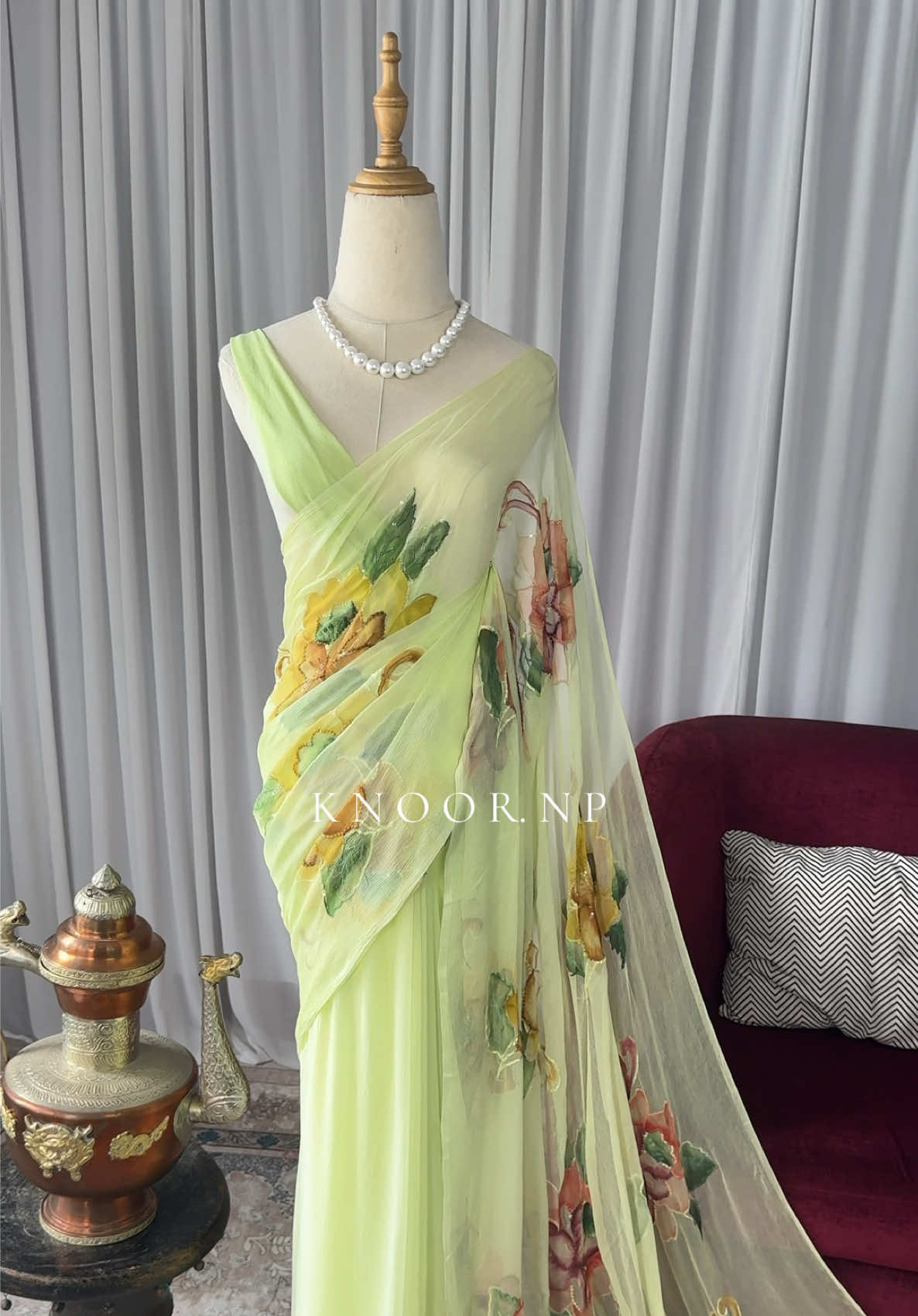 Brush painted pastel sari with thread embroidery and sequins ✨ #pastel #chiffon #chiffonsaree #knoornp #fyp #trendingsari #goviral #ethnicwear #onlineshopping #nepal 