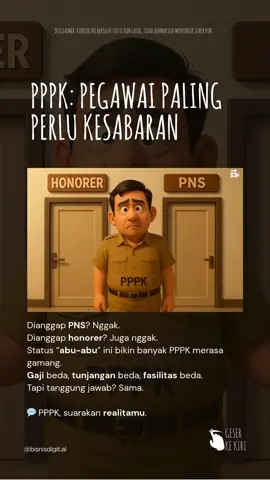 Dianggap PNS? Nggak. Dianggap honorer? Juga nggak. Status “abu-abu” ini bikin banyak PPPK merasa gamang. Gaji beda, tunjangan beda, fasilitas beda. Tapi tanggung jawab? Sama. 💬 PPPK, suarakan realitamu. #pppk2025 #nasibpppk #asnindonesia #reformasibirokrasi #kontenASN #bisnisdigit_al 