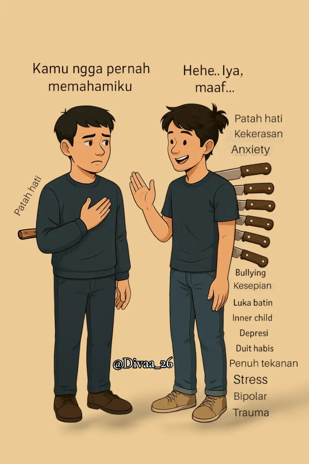 Kadang, orang yang terlihat paling kuat adalah yang paling sering terluka. Mereka diam, tersenyum, ... padahal punggungnya penuh luka yang tak terlihat.  >Kita mudah menilai luka orang lain, tapi lupa bahwa setiap senyum bisa menyembunyikan ribuan pedih yang tak terucap.  >Ada yang terluka bukan karena tak peduli, tapi karena terlalu sering disakiti diam-diam.  