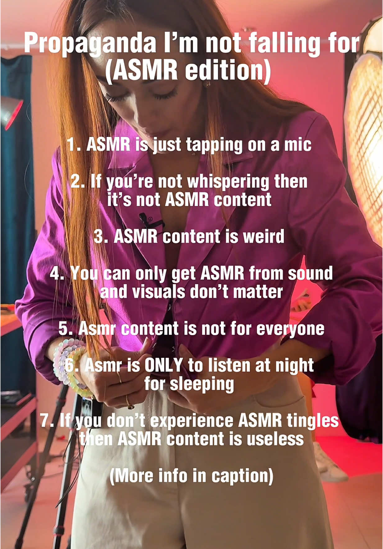 1. ASMR is NOT just tapping on a mic. This might work for many but there are so many different types of ASMR content that work for different people.  2. “It’s not ASMR cause you’re not whispering!!” I get this comment a lot and I can understand that someone personally only enjoys whispered ASMR but as a girlie with misophonia where whispering can send me over the edge, I only enjoy soft spoken ASMR myself and I think I’m not alone.  3. ASMR content is not weird! If there’s something that with sounds and images can get you to relax, sleep better, focus.. then the weird thing would be not to try it?  4. You can only get ASMR from sound and visuals don’t matter. I recently heard from someone that watches my content that they usually watch with no sound and it really got me thinking that visuals are just as if not more important to some than the sound.  5. Asmr content is not for everyone. I truly believe there’s asmr content for everyone and there’s so much out there to choose from: real person, pov, whispered, soft-spoken, intentional, unintentional, no talking, beauty, medical, sfw, roleplay, options are truly endless!t 6. Asmr is ONLY to listen at night for sleeping. So many people use it to sleep at night but personally I usually need some background noise when I’m trying to focus but with not so much dialogue that it takes away my attention and asmr is perfect for that. Pro tip: I download some asmr content for plane traveling. I’m super sensitive to sound (people snoring, sniffling, chewing, etc.) and asmr helps me drown out unwanted sounds without feeling overstimulating while reading, sleeping, etc.  7. If you don’t experience ASMR tingles then ASMR content is useless. It’s really hard for me to get tingles and most people might not experience them at all but asmr content can still help you relax, focus, sleep and give you all the benefits even without the tingles. #asmr #asmrcommunity #asmrvideo 