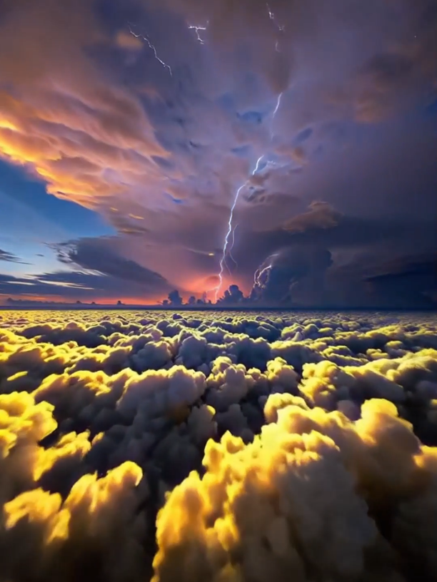A dramatic lighting strike illuminates a cloudscape from above. #ai #clouds #viral #aiart #sky #nature #fyp 