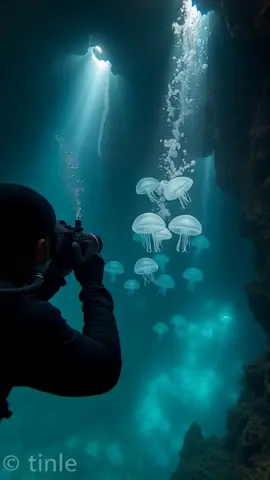 Diver Filming Bioluminescent Deep Sea Jellyfish Glow 🪼 #bioluminescence #deepseajellyfish #marinelife #oceanglow #wildlife #nature #explore #adventure #viralvideo #trendingnow #oceanexploration #underwaterlife